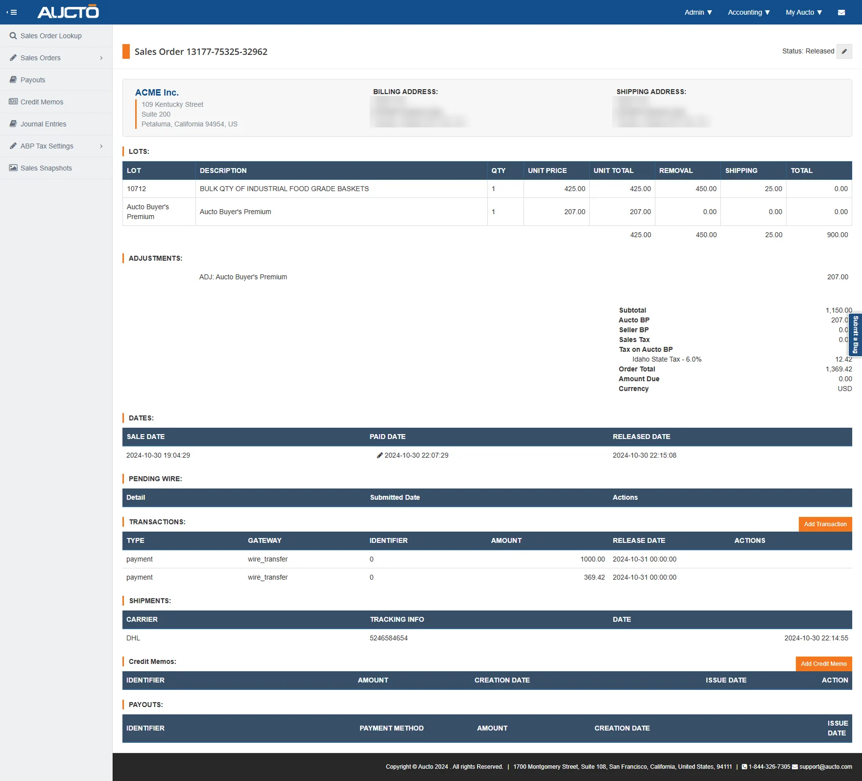 The old invoice page: eight stacked tables