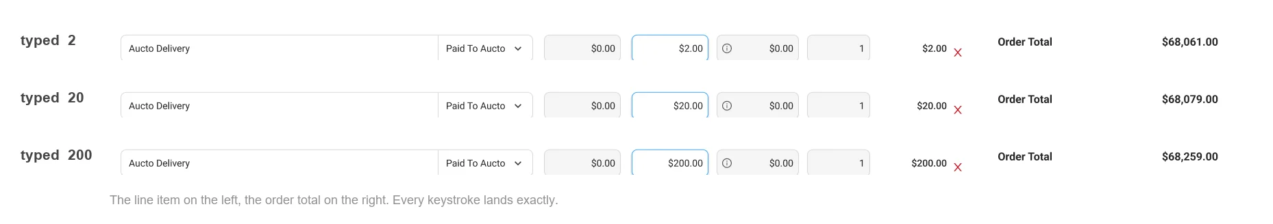 Typing an amount while the order total follows