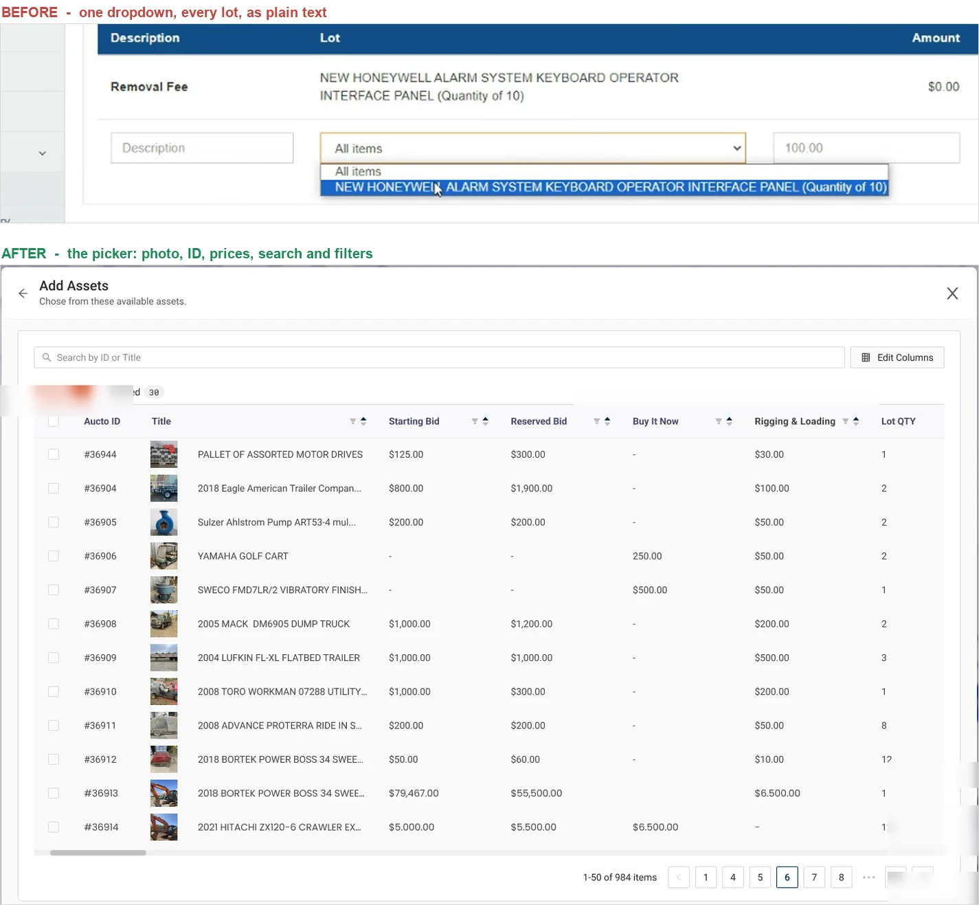 The old lot dropdown, and the asset picker that replaced it
