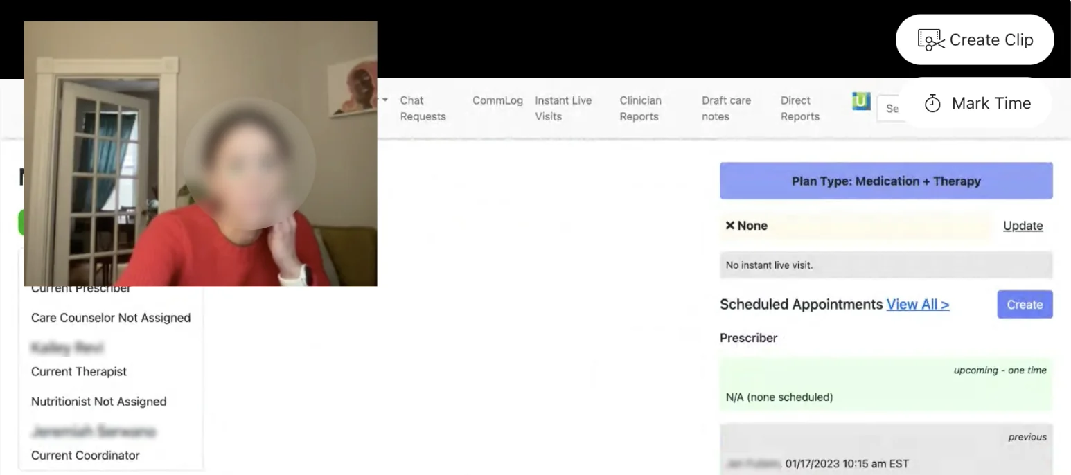Screenshot of a clinician shadow session recorded in Dscout