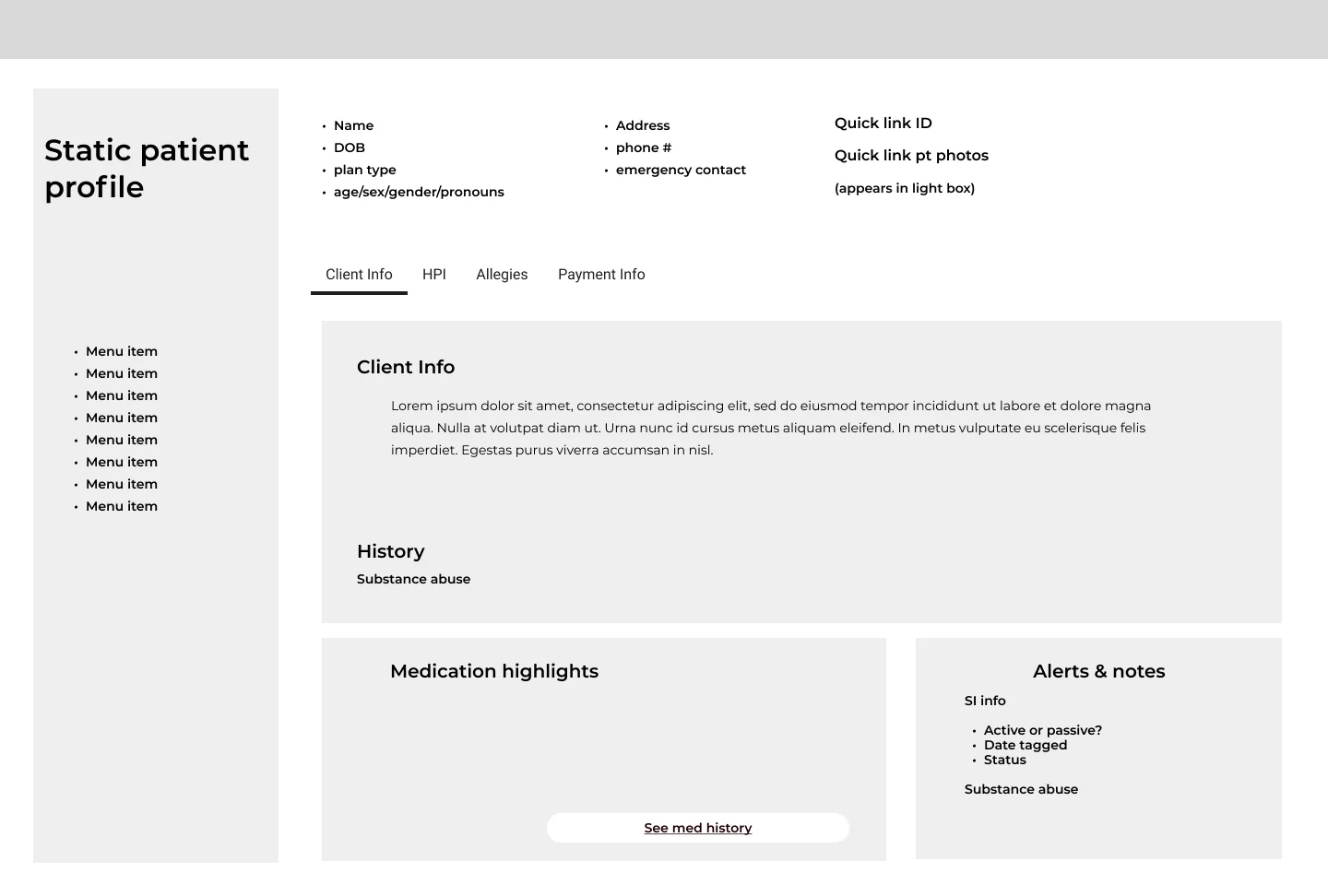 Low fidelity wireframe of the patient chart with the summary inside the existing tab navigation