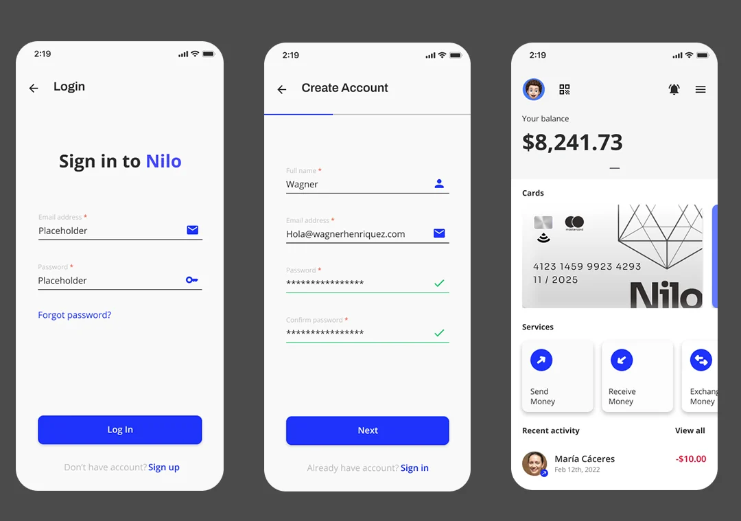 First version of the Nilo interface in a light theme: login, create account and home screen