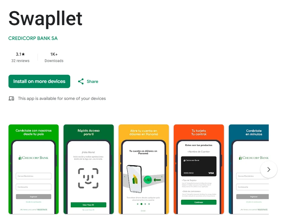 The Swapplet listing on Google Play: Credicorp Bank SA, 3.1 stars from 32 reviews, more than a thousand downloads, and the store screenshots